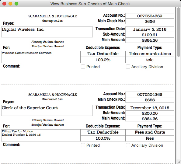 View Business Sub-Checks of Main Check